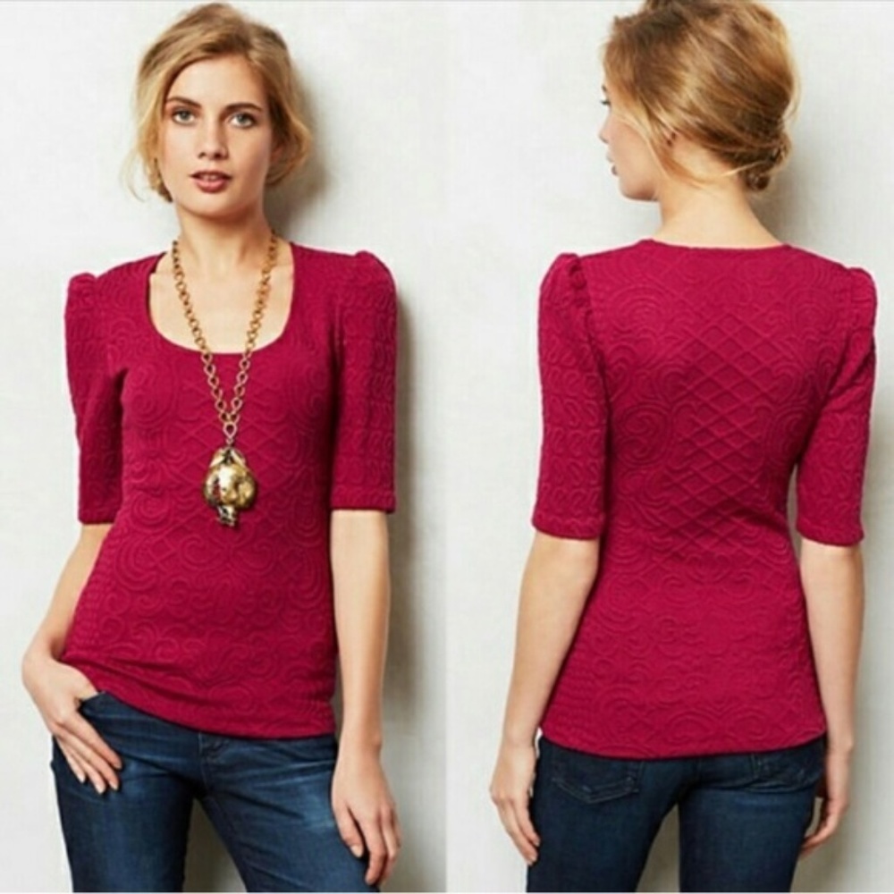 Deletta Anthropologie women S Athlone Jacquard‎ 3/4 sleeve blouse textured boho
